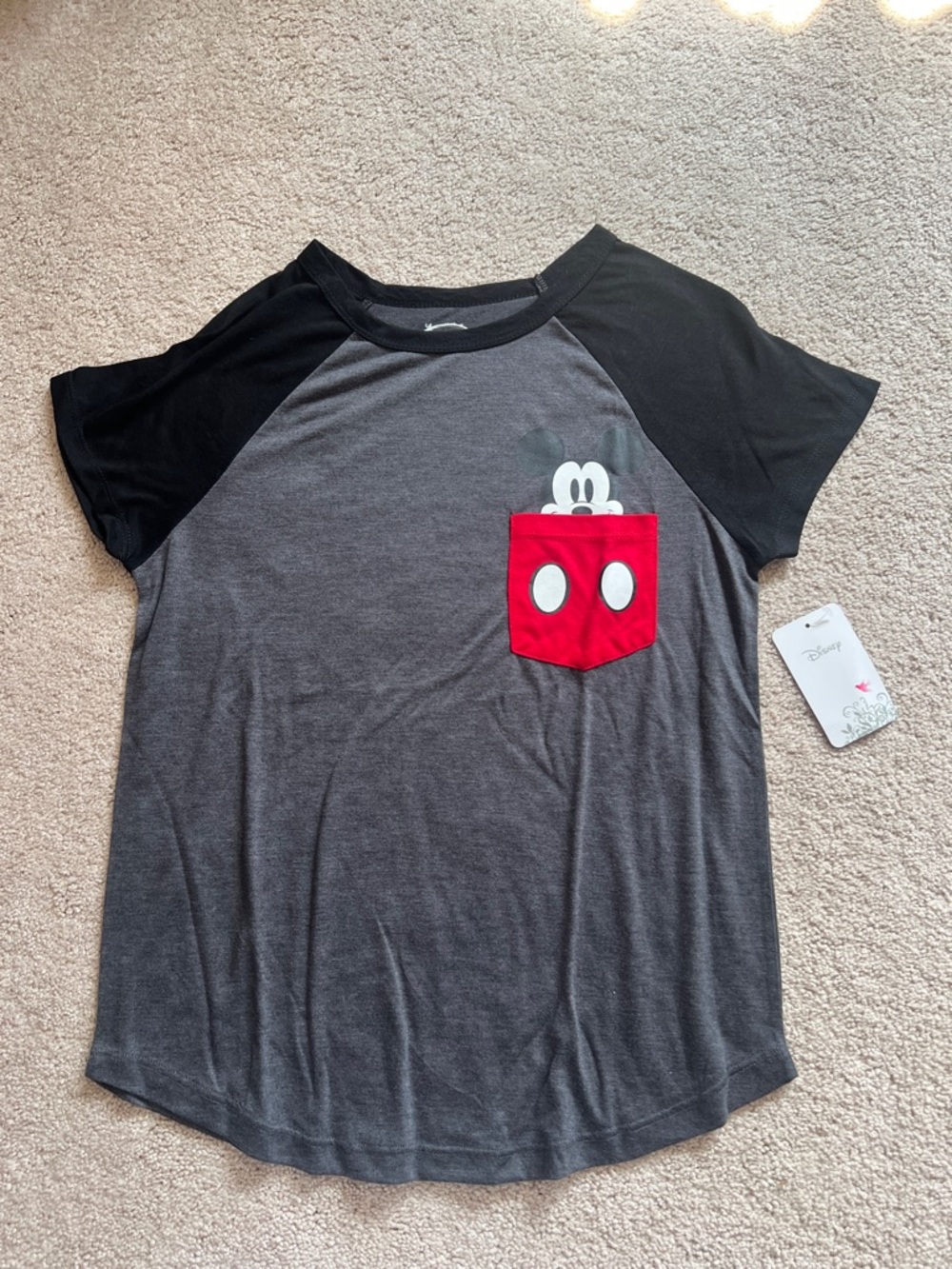 Disney Charcoal Gray & Black Raglan Tee with Red Mickey Pocket